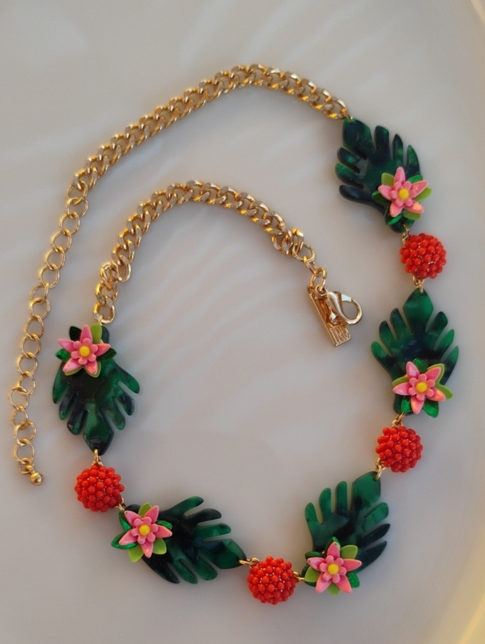 Tropical Leaf & Flower Statement Necklace - Gold Chain, Green and Pink